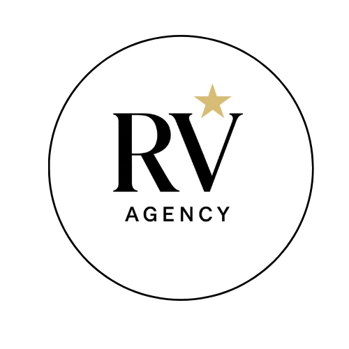 Logo de la agencia RV, con el texto 'RV' en negro y la palabra 'AGENCY' debajo, acompañado de una estrella dorada.